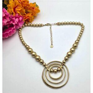 Modernist Circle Pendant Ball Bead Necklace Versona Gold Tone